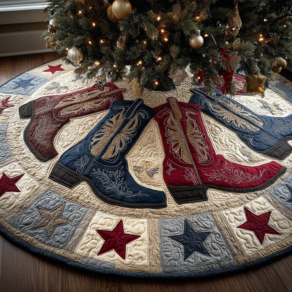 Patriotic Rodeo Boot Christmas Quilted Tree Skirt