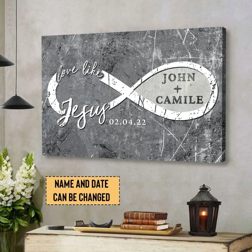 personalized love like jesus wall art canvas print with custom names and date (Landscape) (view 5)
