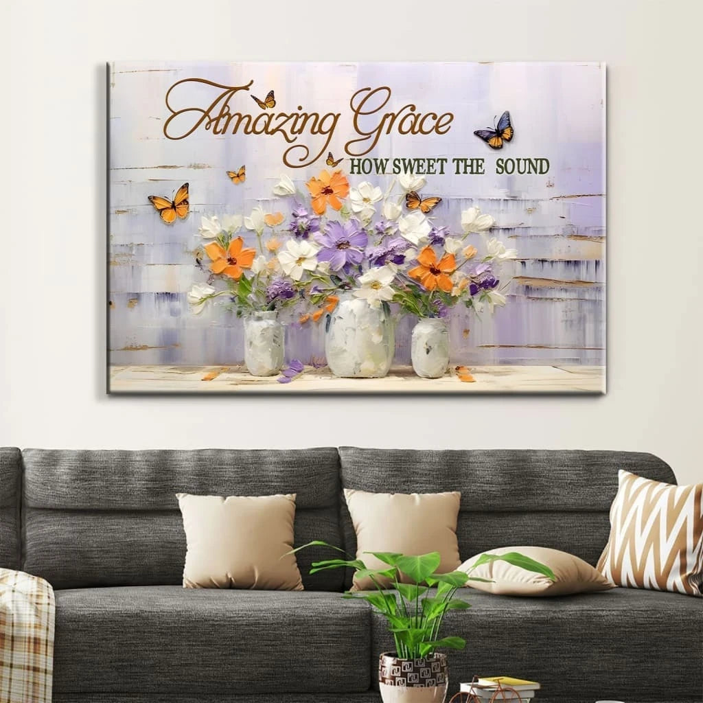 amazing grace how sweet the sound wall art butterflies flowers christian canvas art (Landscape) (view 4)