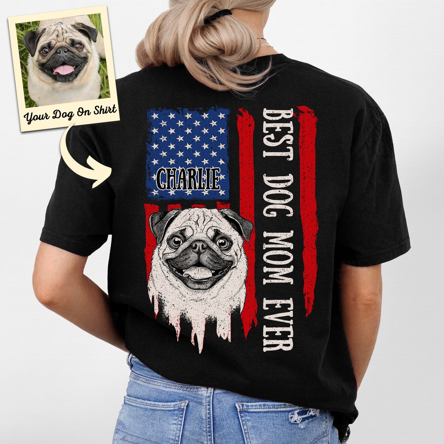 Personalized Best Dog Mom Ever American Flag T-Shirt, custom pet portrait gift for pet lovers (view 5)