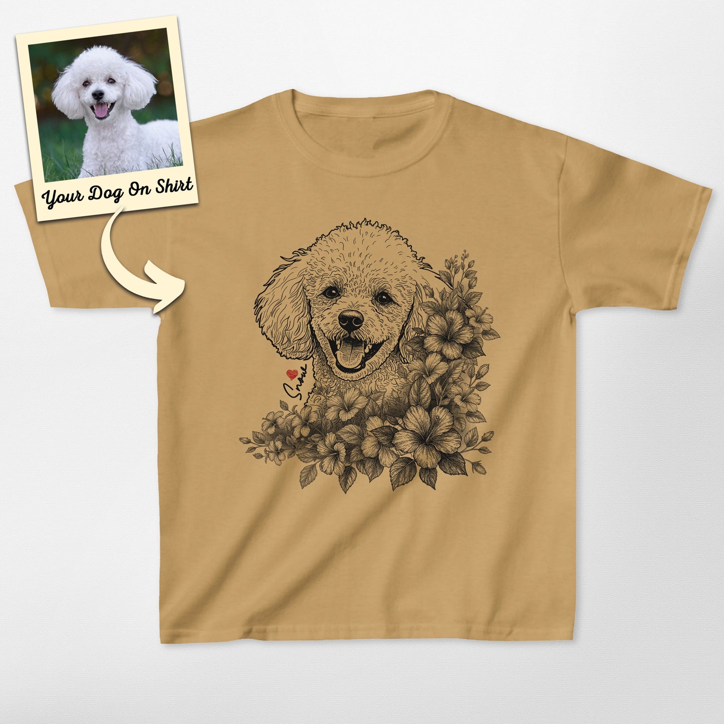 Personalized Poodle Kid Shirt Floral Portrait Gild (view 5)