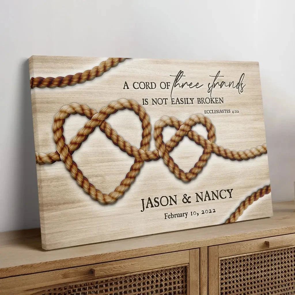 personalized a cord of three strands is not easily broken ecclesiastes 4 12 wall art canvas (Landscape) (view 6)