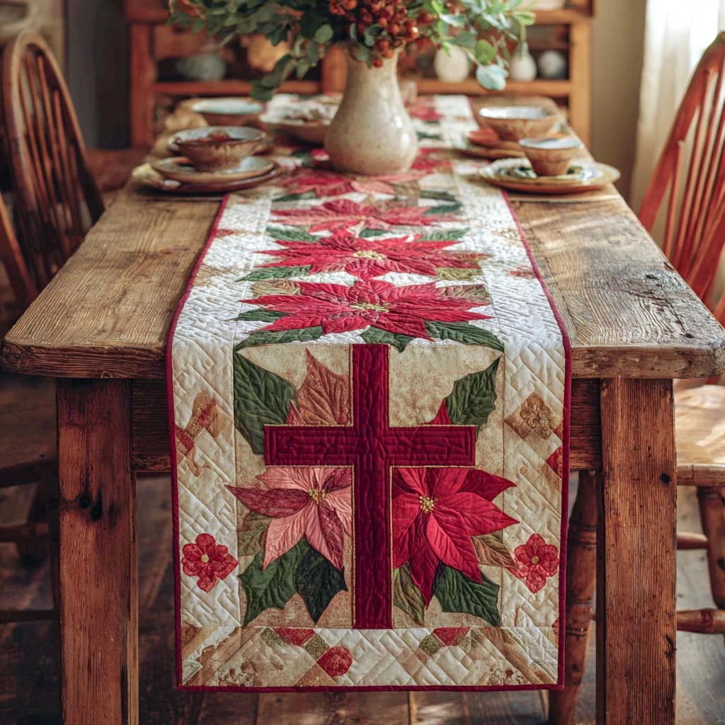 Poinsettia Cross Quilted Table Runner