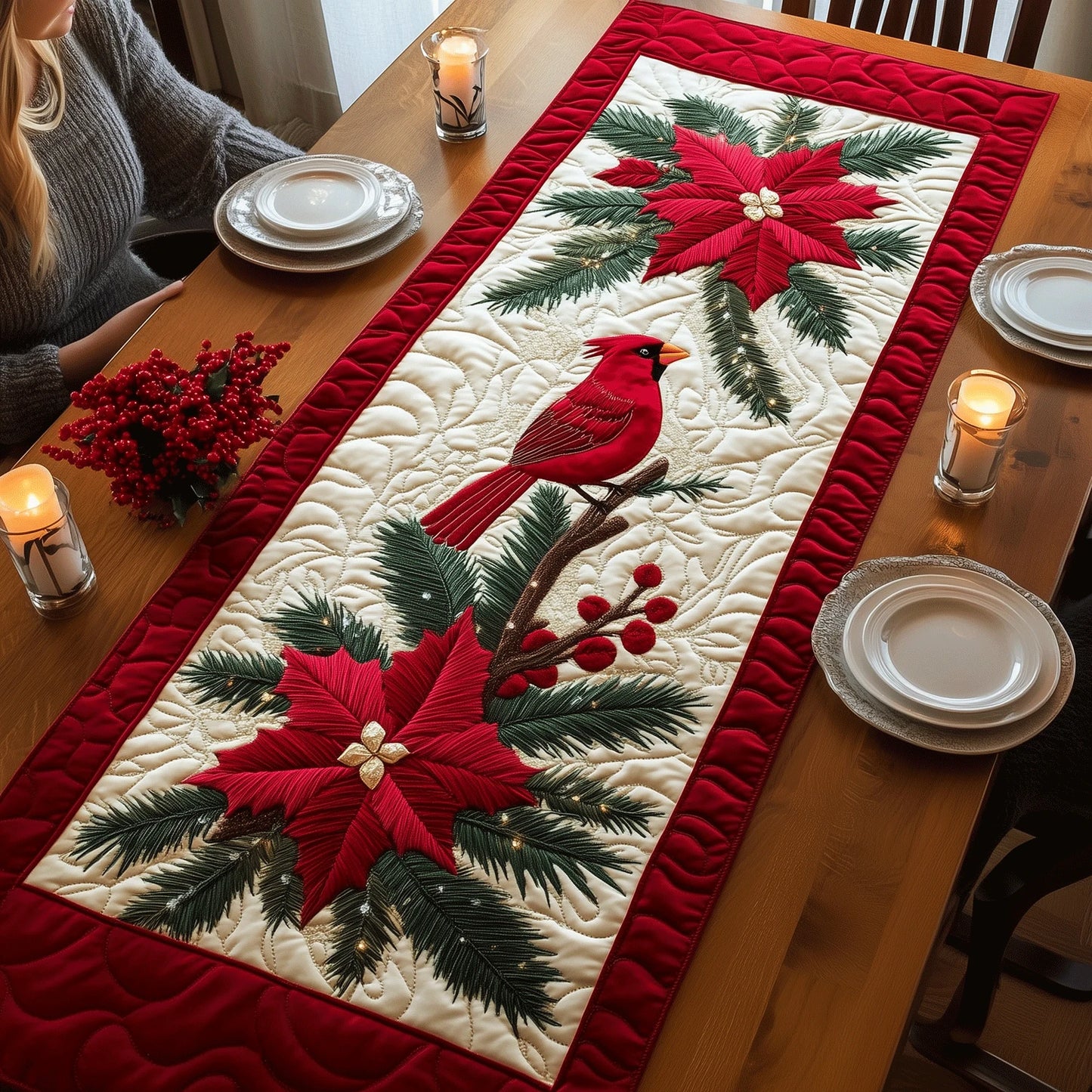 Red Beauties Quilted Table Runner