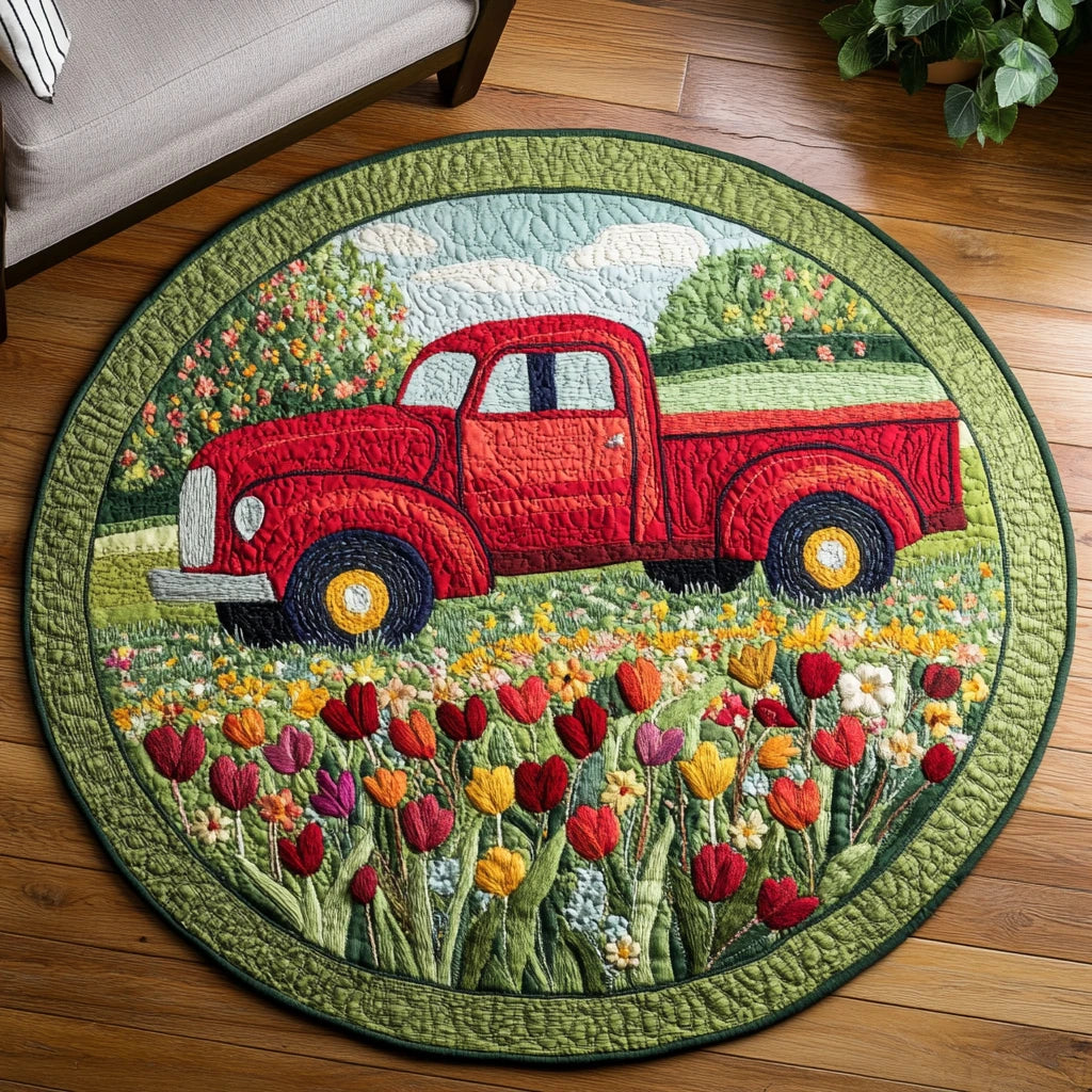 Red Pickup Paradise Quilted Round Mat
