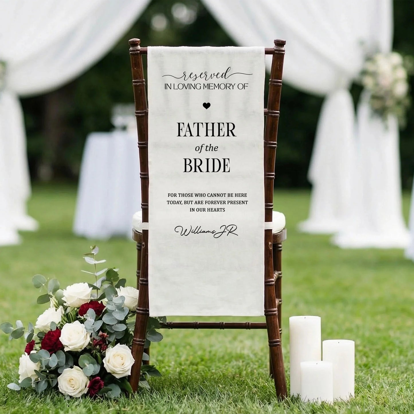 Reserved Father of the Bride Memorial Chair Sign In Loving Memory Wedding Chair Cover Personalized, gentle memorial keepsake