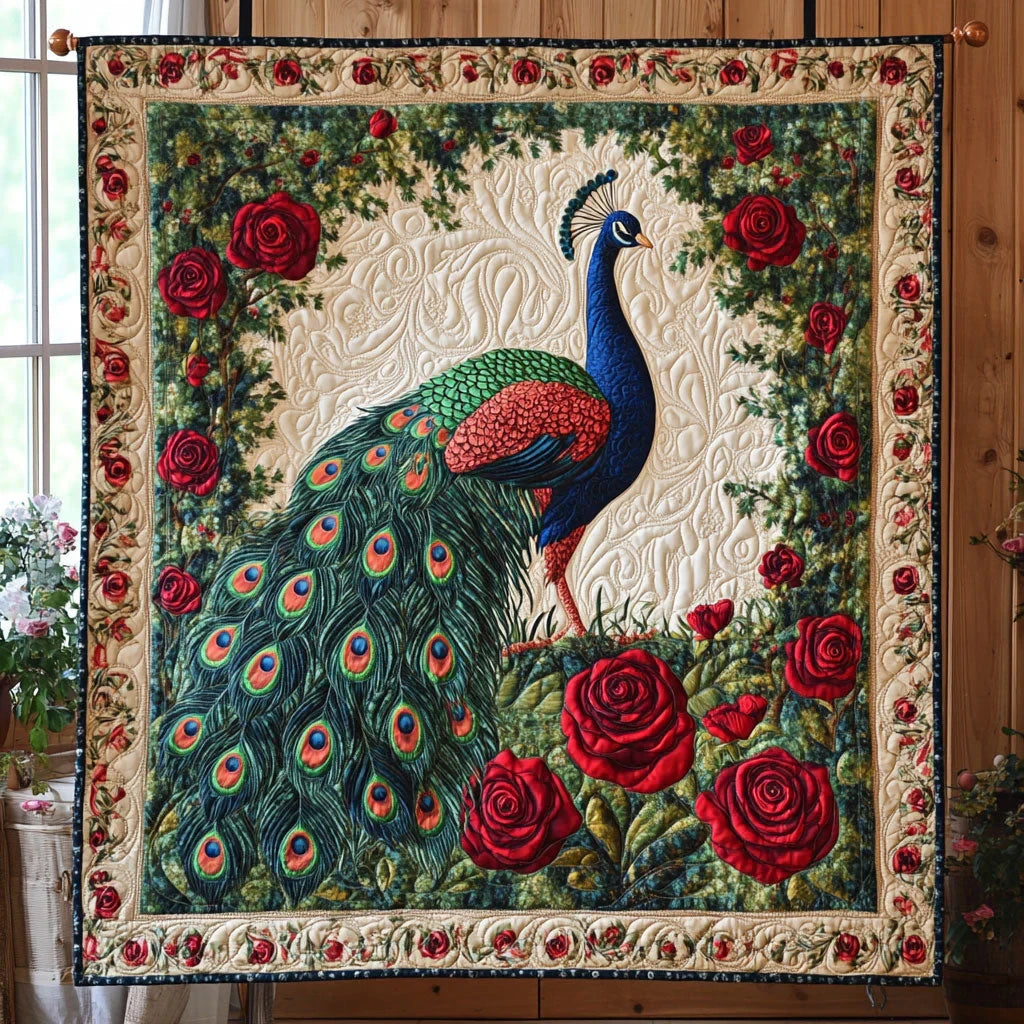Roses And Peacock Quilt Blanket