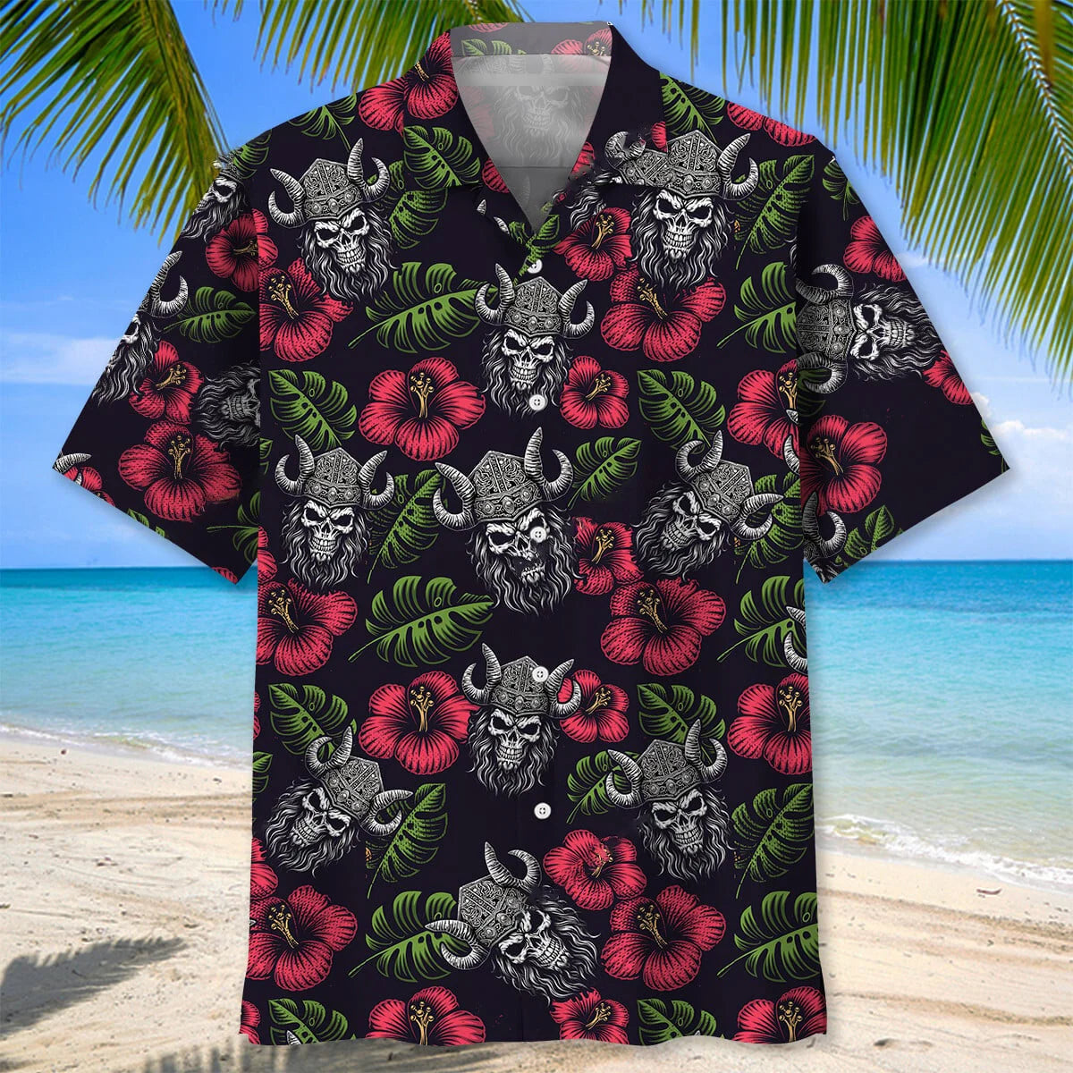 Scary Skull Head Viking Warrior Hawaiian Shirt, custom shirt gift for men (view 2)