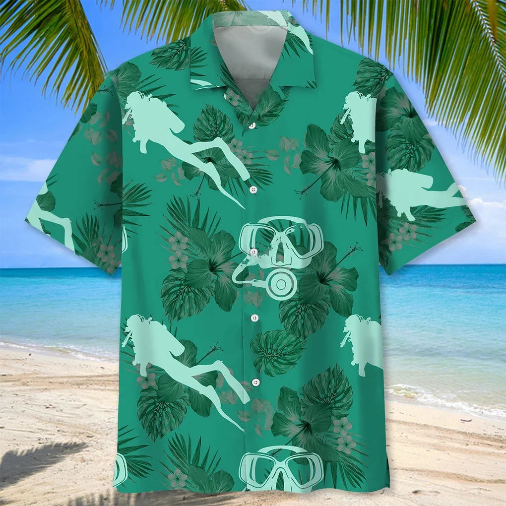 Scuba Diving Kelly Green Hawaiian Shirt, custom shirt gift for men (view 2)