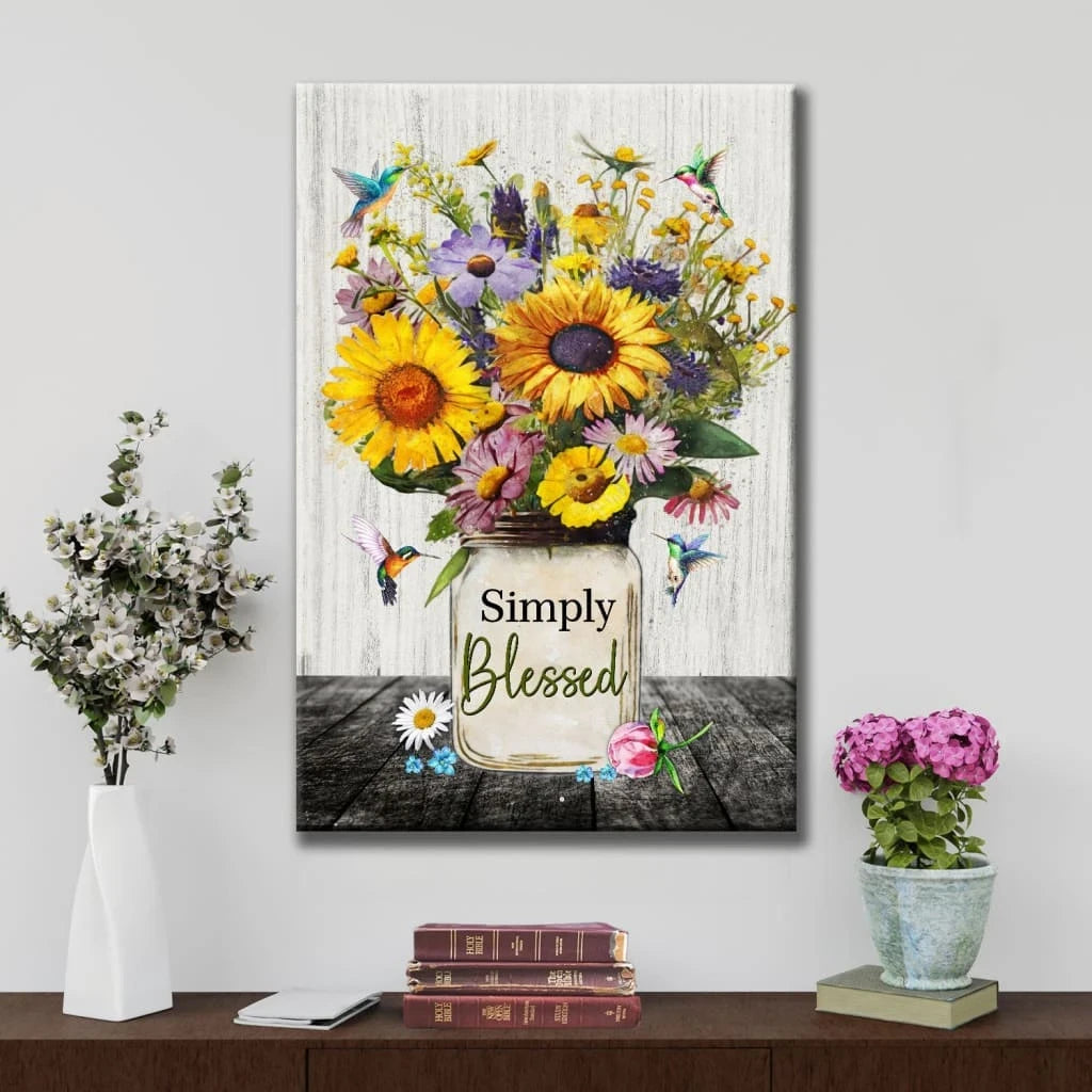 simply blessed hummingbirds and flowers in vase christian wall art canvas (view 4)