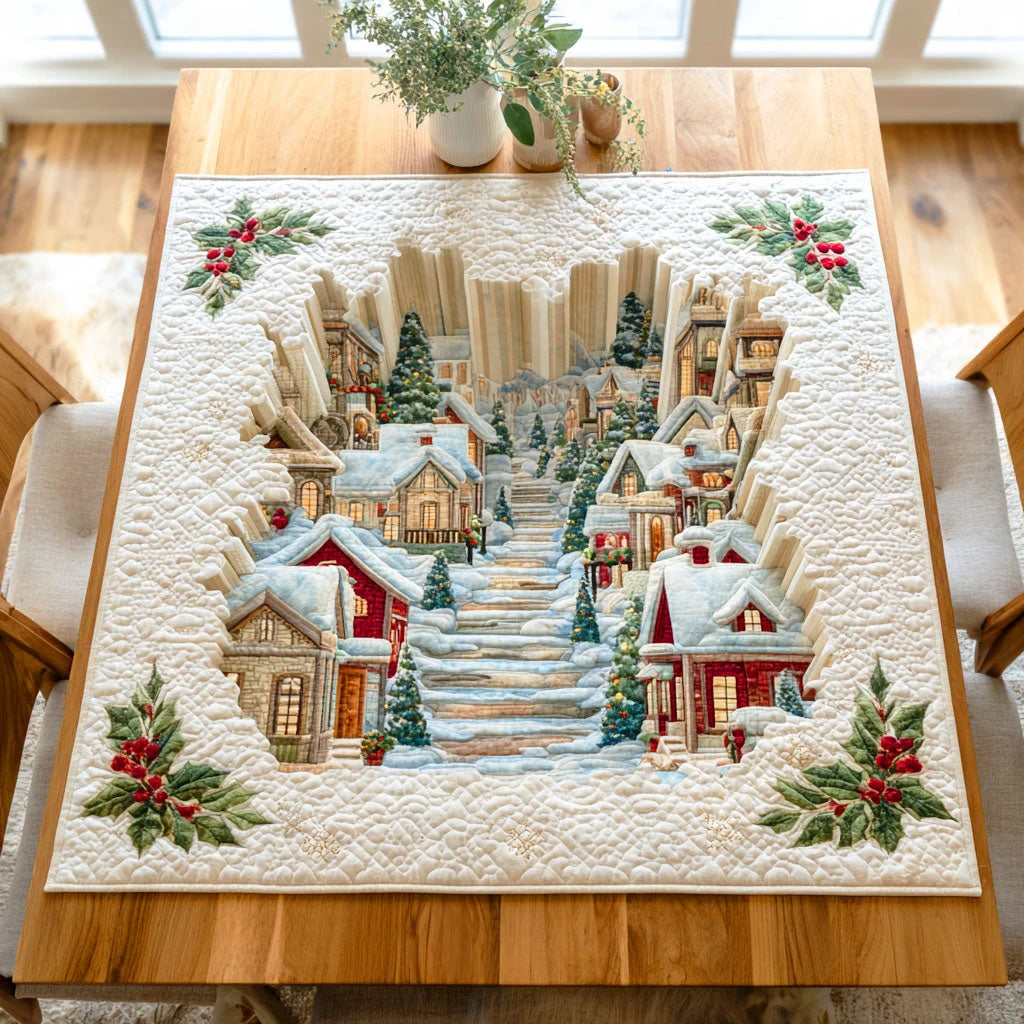 Snowy Village Steps Quilted Table Topper