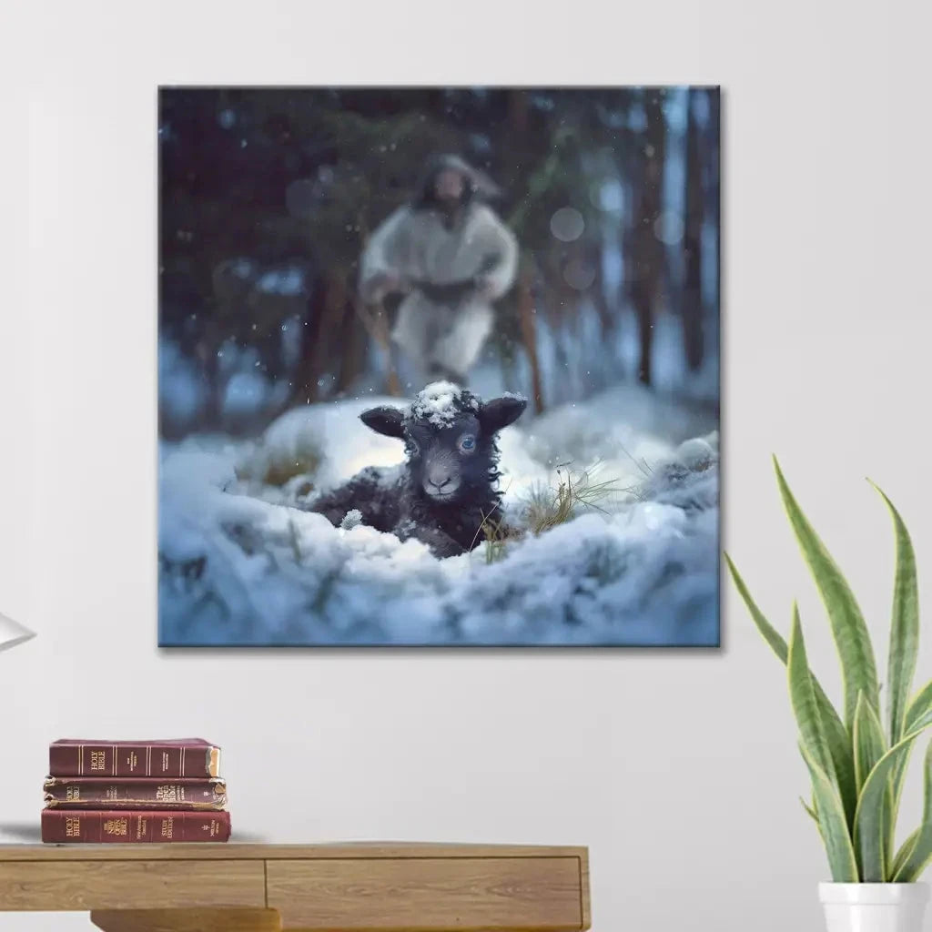 jesus running to rescue a lost sheep in a snowy forest wall art canvas (Landscape) (view 13)