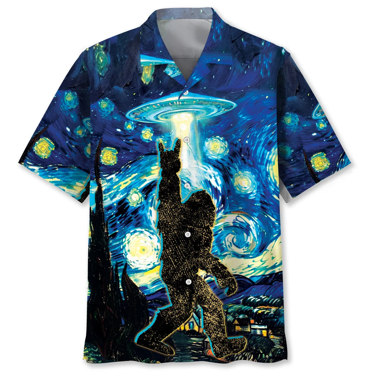 Starry Night Alien Bigfoot Rock Roll Hawaiian Shirt, custom shirt gift for men (view 4)