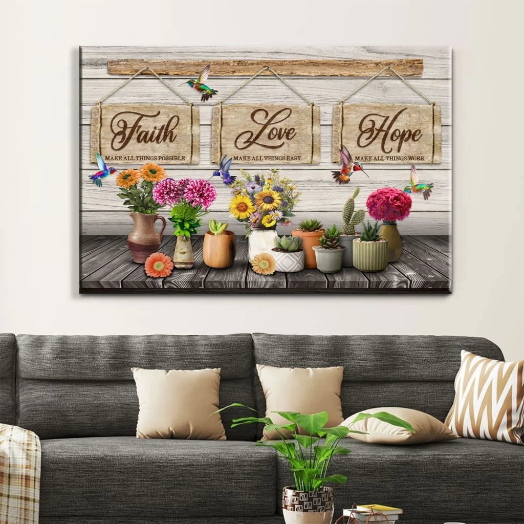 rustic christian wall art canvas faith love hope hummingbirds and flowers (Landscape) (view 4)