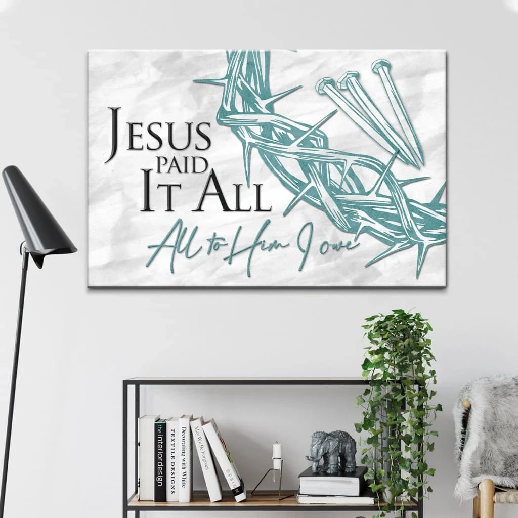 jesus paid it all all to him i owe canvas crown of thorns three nails christian easter wall art (Landscape) (view 5)