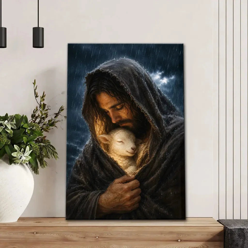 the good shepherd shelters his lamb in the rain luke 15 christian wall art canvas (view 7)