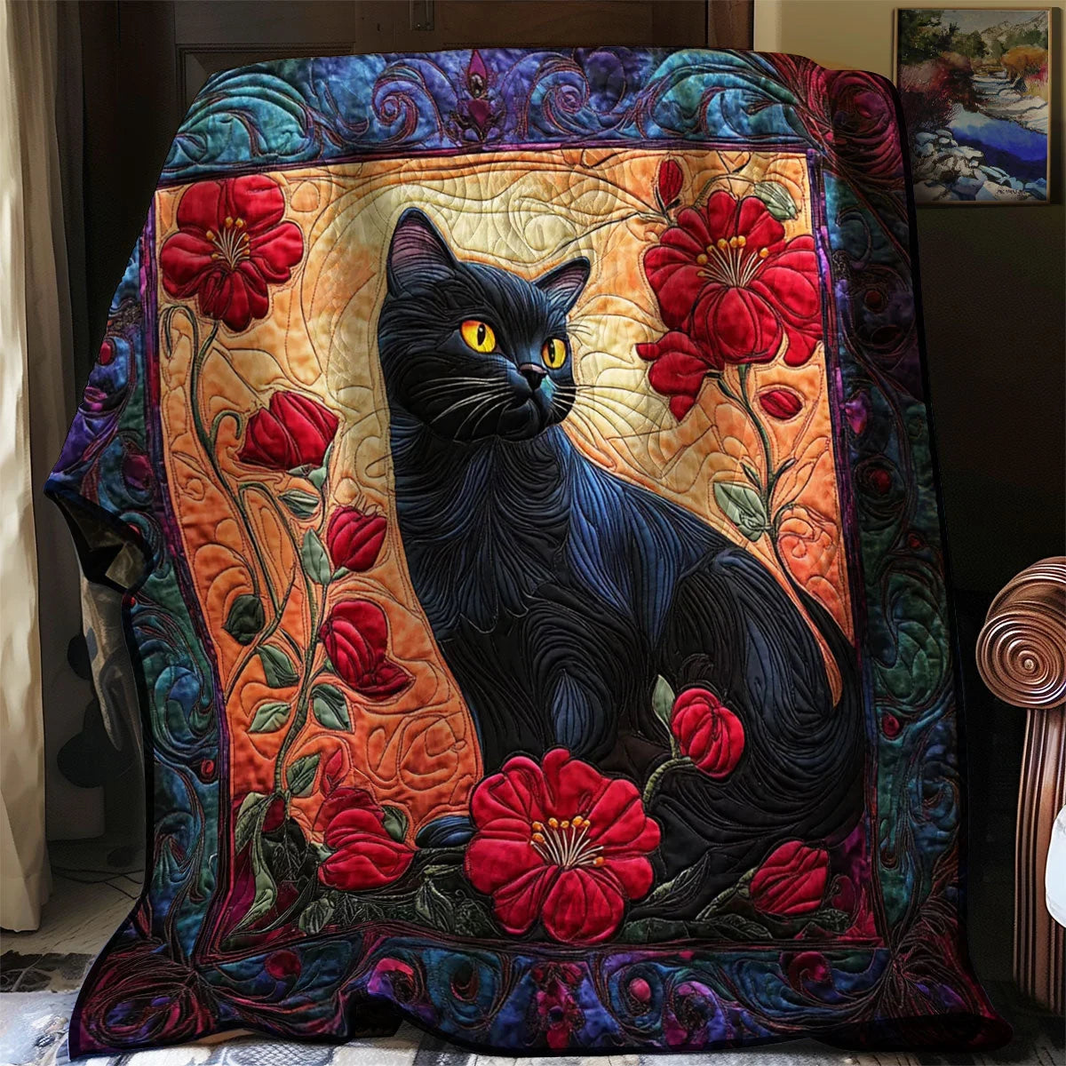 Velvet Shadows Cat Quilt Blanket