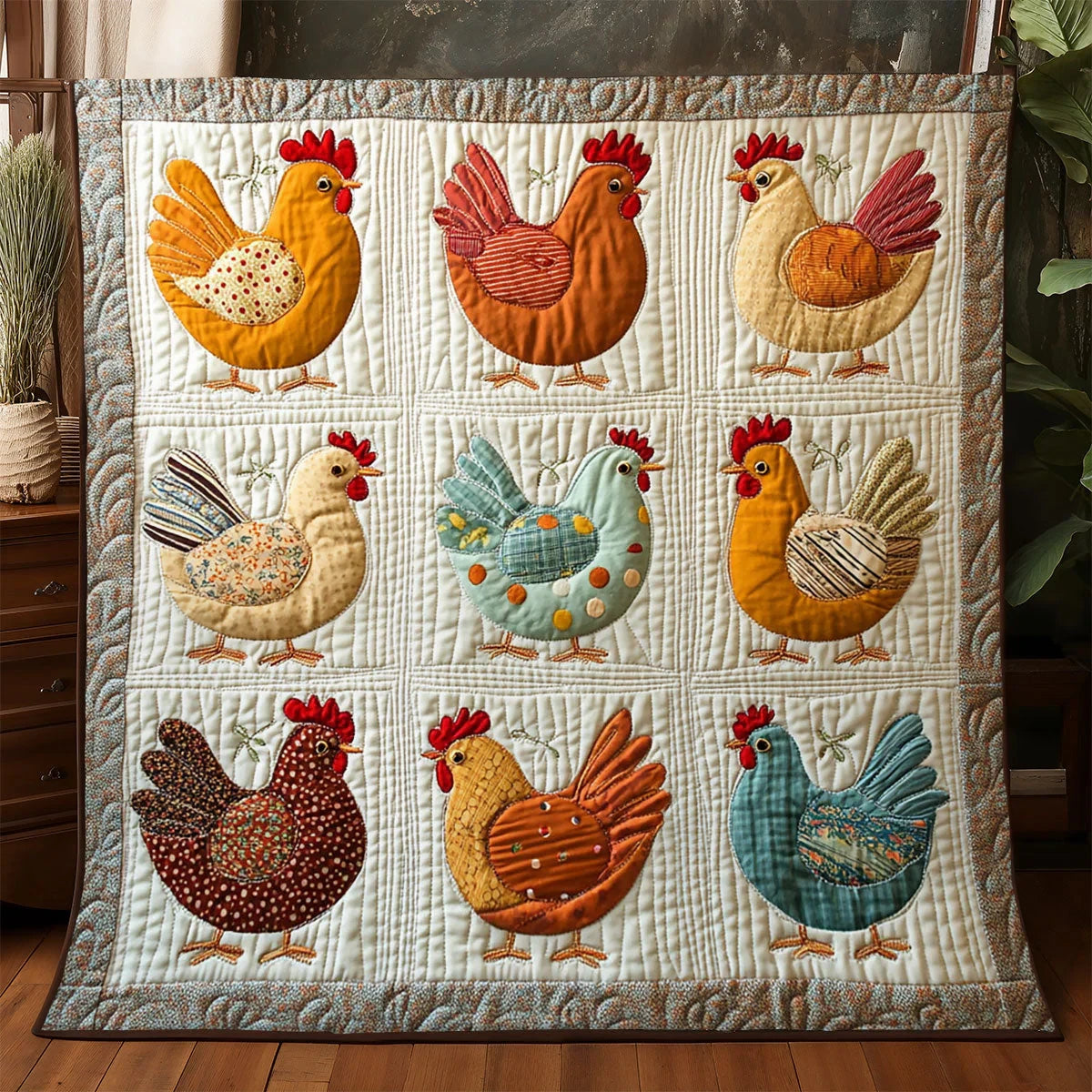 Vintage Patchwork Chicken Quilt Blanket