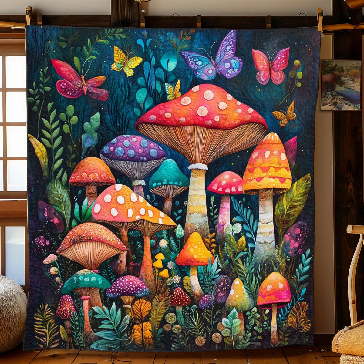 Whimsical Mushroom Forest Quilt Blanket