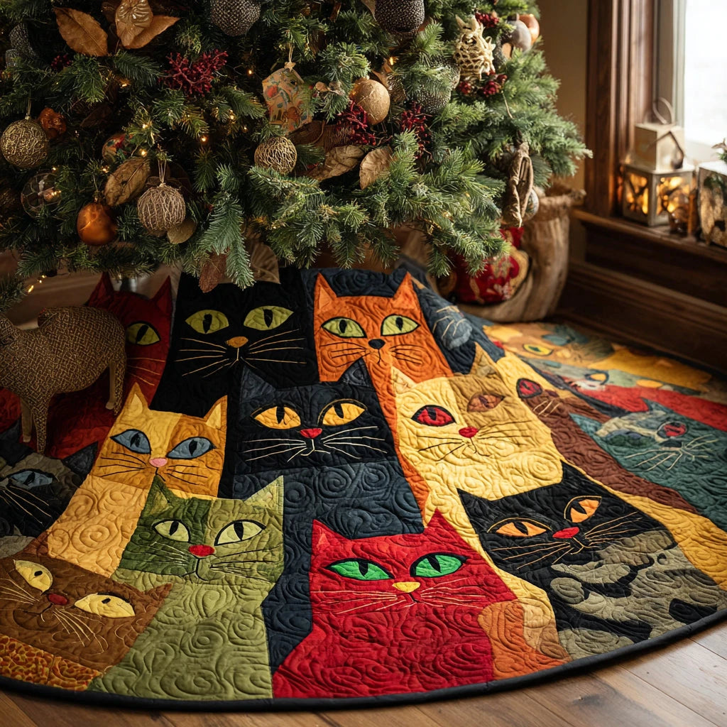 Whimsical Whiskers Christmas Quilted Tree Skirt