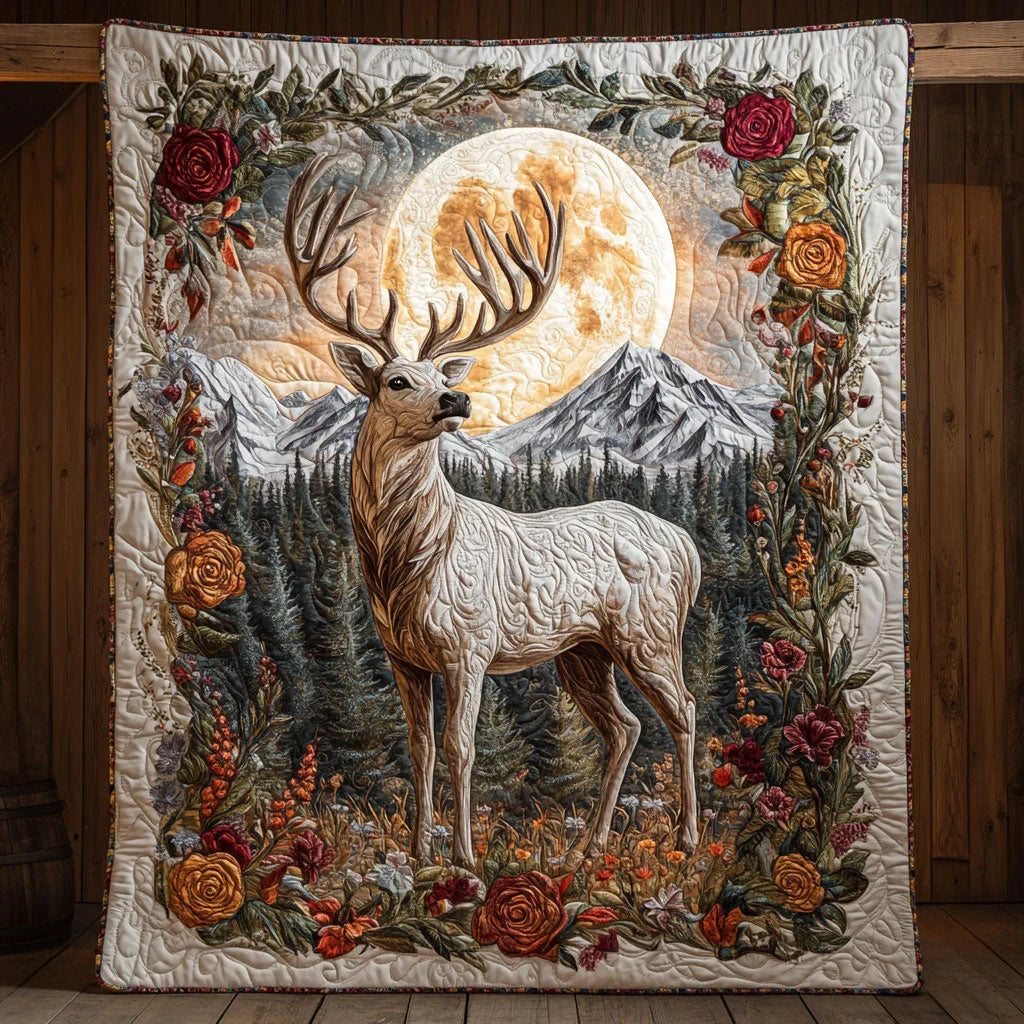 White Deer Under Moonlit Quilt Blanket