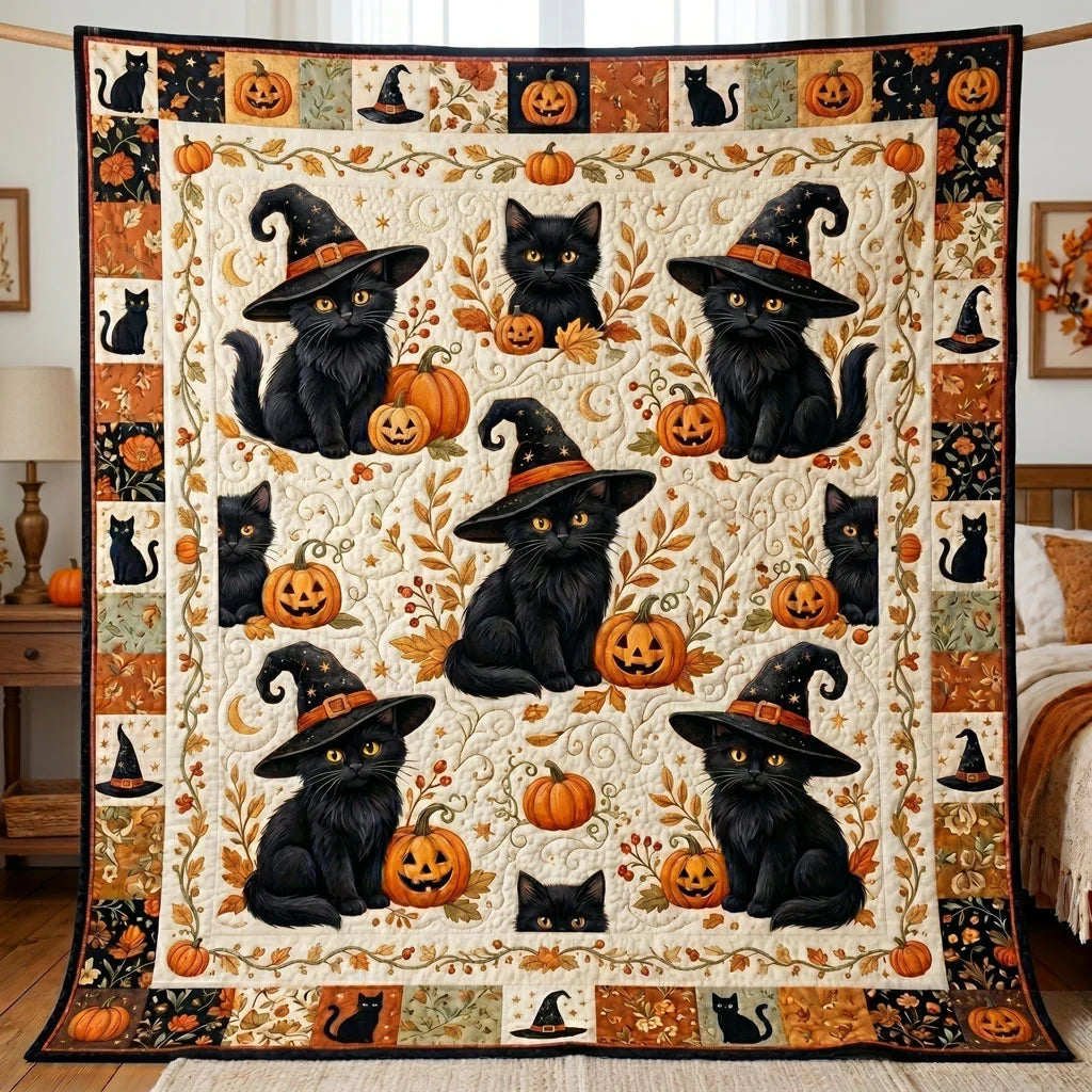Witchy Pumpkin Kittens Quilt Blanket