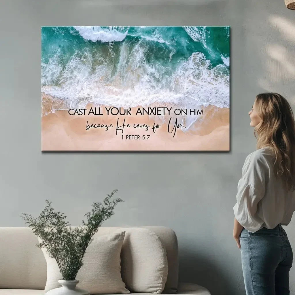 cast all your anxiety on him 1 peter 5 7 ocean waves wall art canvas (Landscape) (view 5)