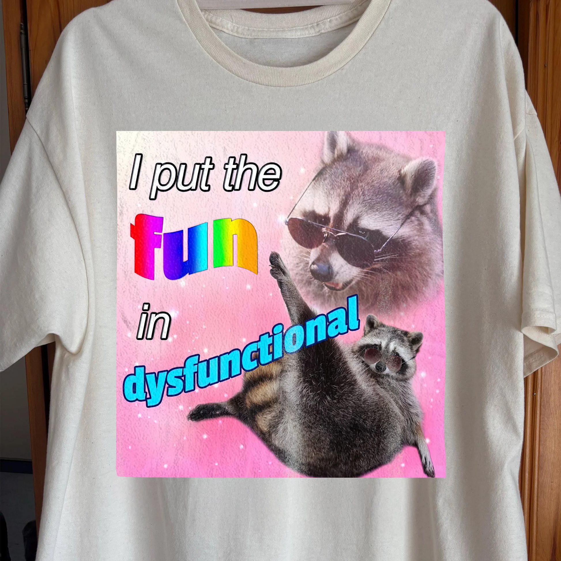 I Put the Fun in Dysfunctional Raccoon T-Shirt, funny meme tee gift (view 2)