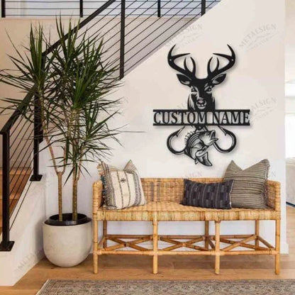 Deer Fish Hook Personalized Monogram Metal Wall Decor, Cut Metal Sign, Metal Wall Art, Metal House Sign Laser Cut Metal Signs Custom Gift Ideas