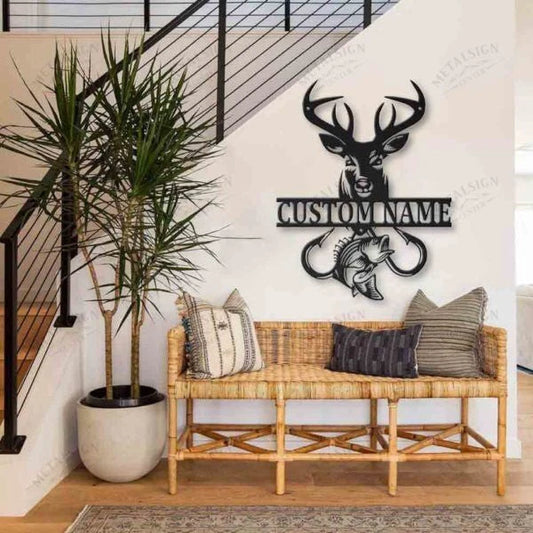 Deer Fish Hook Personalized Monogram Metal Wall Decor, Cut Metal Sign, Metal Wall Art, Metal House Sign - metal sign