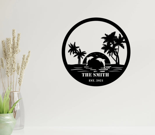 Family Beach And Dolphin Scene Metal Signs Beach Palm Tree Paradise Metal Beach Sign Family Beach House Sign - 8 inches - metal sign