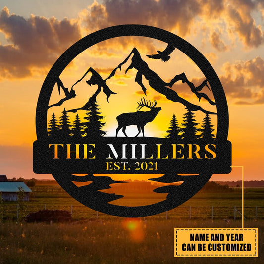 Personalized Family Name Elk Deer Hunting Metal Sign, Metal Laser Cut Metal Signs Custom Gift Ideas - 8 inches - metal sign