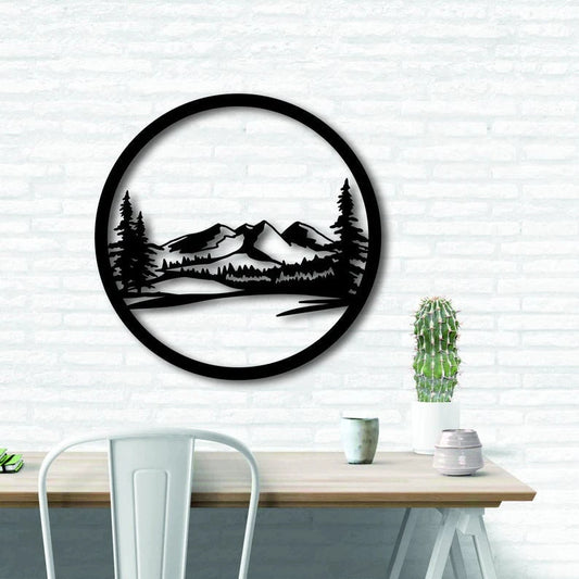 Mountain Forest Scenery (Circle) Wall Art Decor Cut Metal Sign Laser Cut Metal Signs Custom Gift Ideas - 8 inches - metal sign