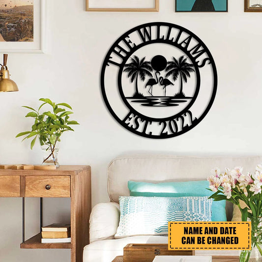 Personalized Name And Date Flamingo Metal Sign, Palm Art Laser Cut Metal Signs Custom Gift Ideas - 8 inches - metal sign