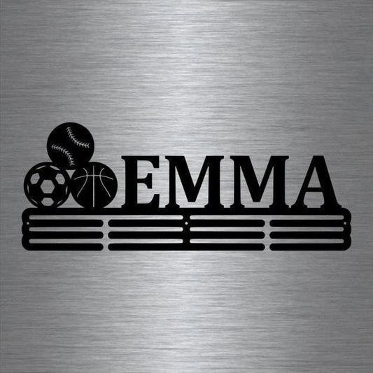 Custom Name Soccer Ball, Basketball, And Baseball Softball Medal Hanger Holder Display Rack 3 Rung, Cut - metal sign