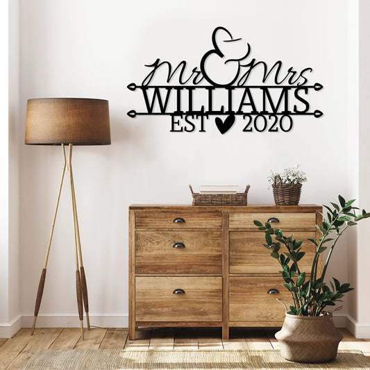 Mr. And Mrs. Est Date Metal Sign Last Name Sign Wedding Gift Established Sign Family Name Sign Anniversary Giftlove Sign - 8 inches - metal sign