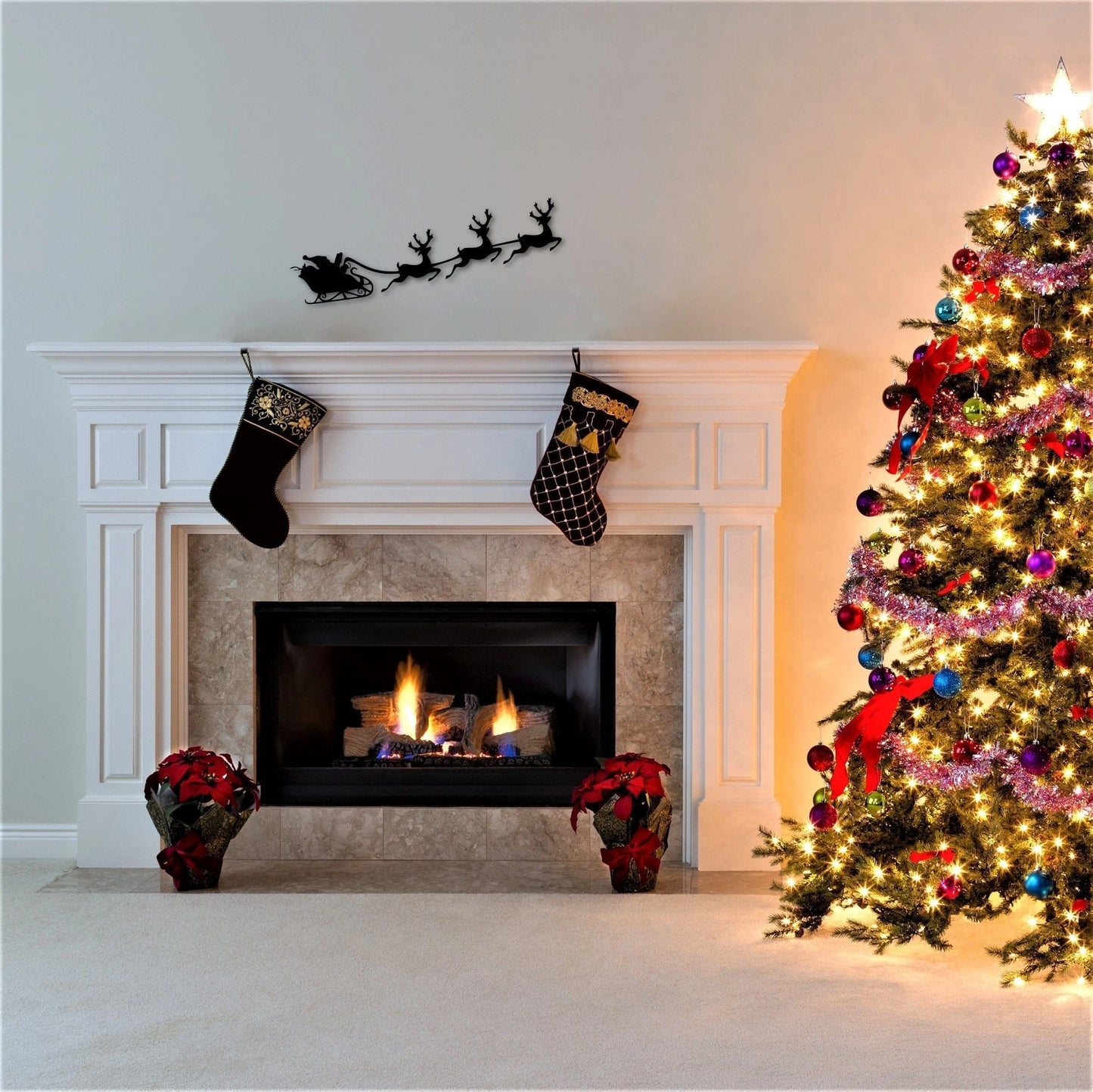 Santa With Reindeer Santa Sleigh Christmas Mantel And Fireplace Decor Holiday Shelf Sitter Christmas Village