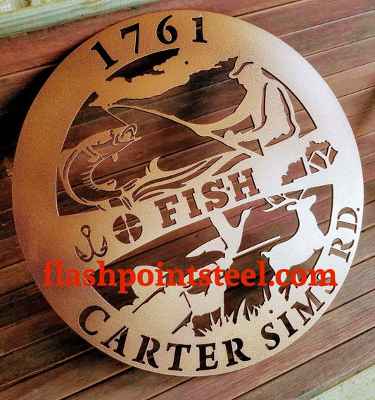 Personalized Fishing And Hunting Sign, Target, Antler Deer, Steel Art, Deer In Woods, Family Name Sign - metal sign