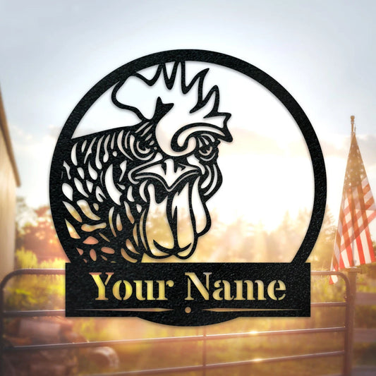 Rooster Monogram Custom Name Metal Sign, Personalized Name Cut Metal Sign Wall Hanging Decor Laser Cut Metal Signs Custom Gift Ideas - 8 inches - metal sign