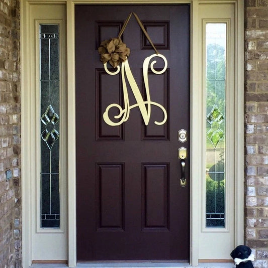 Metal Initial Door Wreath W Ribbon Front Door Wreaths Monogram Door Hanger Monogrammed Wreath Front Door Letters Outdoor Wreath Decor - 8 inches - metal sign