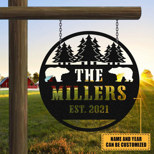 Personalized Family Name Bear Deer Hunting Hunter Metal Sign Monogram, Custom Outdoor Farm, Cabin, Lodge - metal sign
