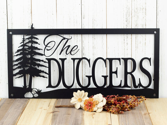 Custom Outdoor Family Last Name Metal Sign With Pine Trees And Rocks Black Custom Sign House Sign - 8 inches - metal sign