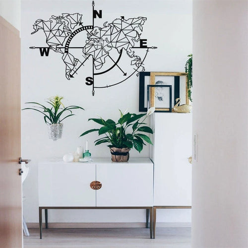 Metal World Map Geometric World Map Compass Metal Wall Decor Home Office Decoration Wall Hanging Black White Gold Silver Bronze