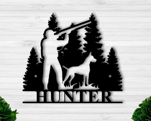 Custom Hunter Sign Personalized Outdoor Sign Man And Dog Wilderness Sign Personalized Family Name Sign Cabin Cabin Decor - 8 inches - metal sign