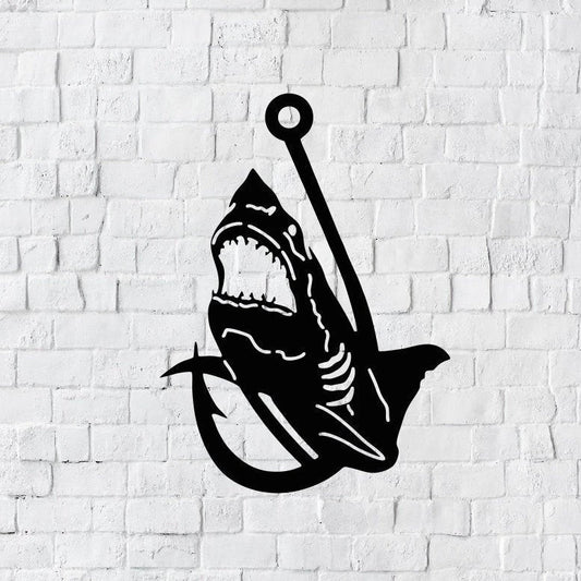 Shark Hook Metal Art Nature Shark And Fishing Metal Sign Hunt And Shark - 8 inches - metal sign