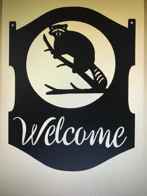 Metal Raccoon Sign Coon On A Limb Welcome Sign Metal House Sign - 8 inches - metal sign