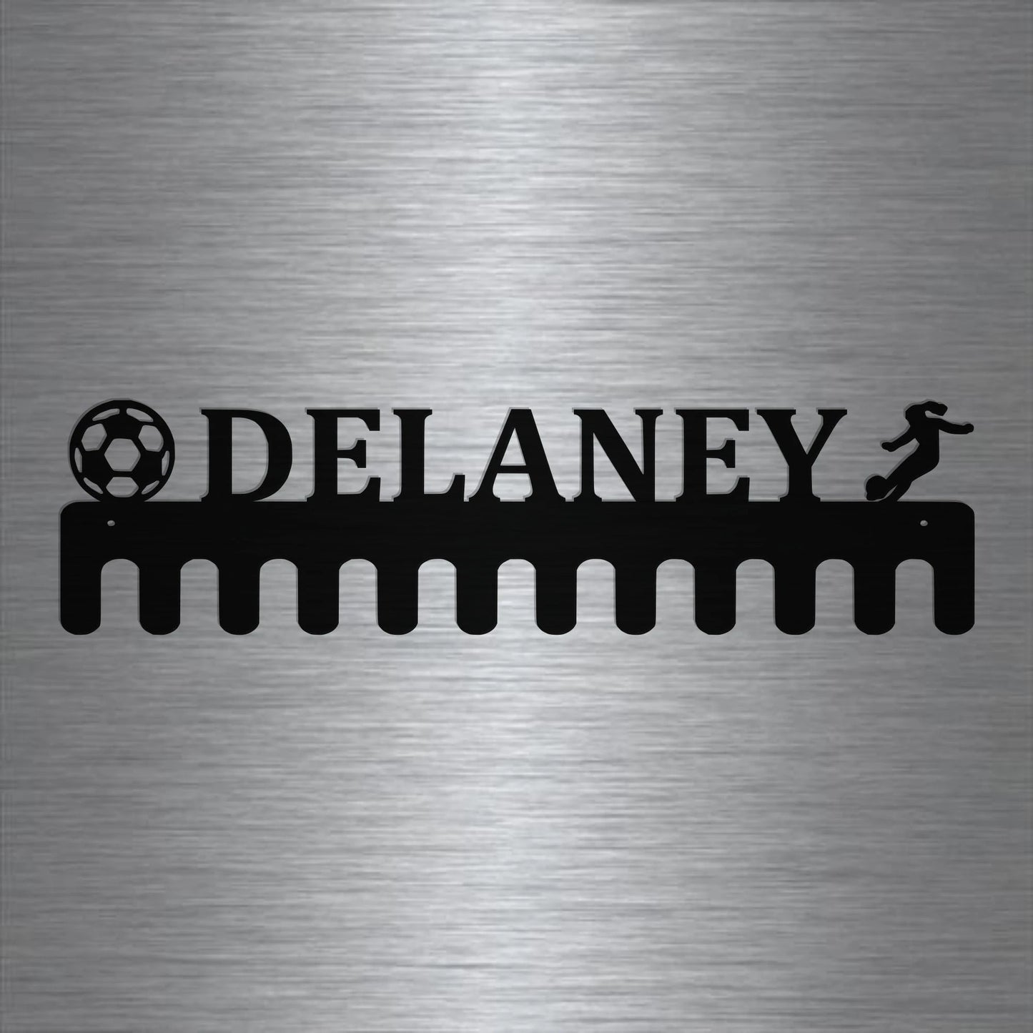 Soccer Custom Name Medal Hanger Holder Display Rack Female 12 Hooks, Cut Metal Sign, Metal Wall Art, Laser Cut Metal Signs Custom Gift Ideas