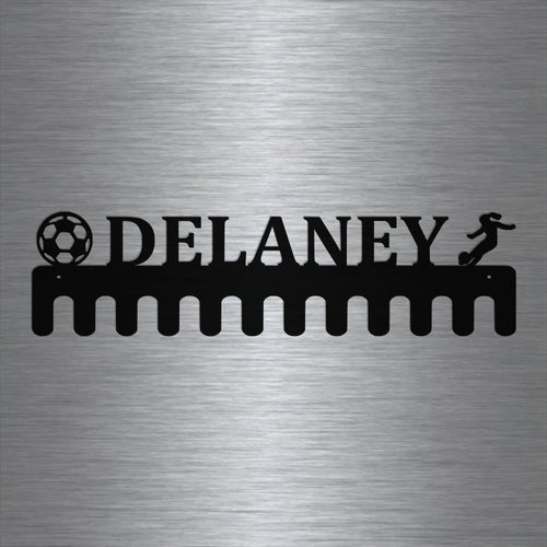 Soccer Custom Name Medal Hanger Holder Display Rack Female 12 Hooks, Cut Metal Sign, Metal Wall Art, Laser Cut Metal Signs Custom Gift Ideas