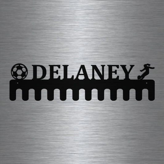 Soccer Custom Name Medal Hanger Holder Display Rack Female 12 Hooks, Cut Metal Sign, Metal Wall Art - metal sign