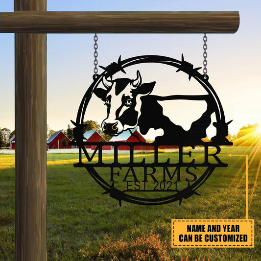 Personalized Metal Farm Sign Dairy Cow Cattle Monogram, Metal Laser Cut Metal Signs Custom Gift Ideas - 8 inches - metal sign